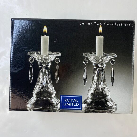 Royal Limited Lead Crystal Candlesticks Set 2 Dangling Prisms - Picture 12 of 16